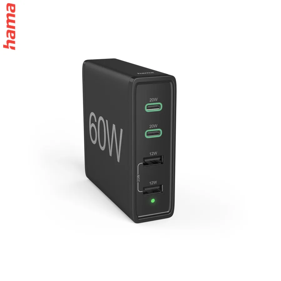 Hama rýchla stolná USB nabíjačka so stojančekom, 2x USB-C PD/QC, 2x USB-A, 60 W