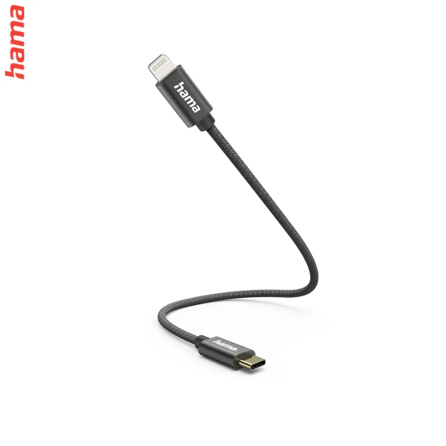 Hama MFi USB-C Lightning kábel pre Apple, 0,2 m, opletený, čierny