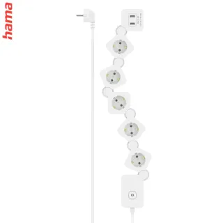 Hama flexibilný predlžovací prívod, 5x zásuvka schuko, 2x USB-A, 1,4 m